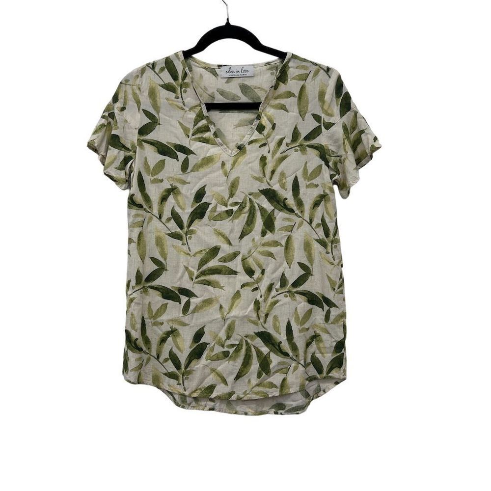 Eden in Love Women's Blouse Small Green Hawaii Leaf Print V-Neck‎ Short Sleeve